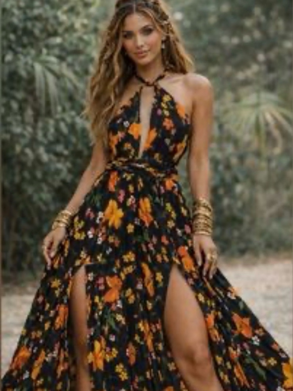ASOS Black Halter Maxi Dress with Yellow & Orange Floral Print